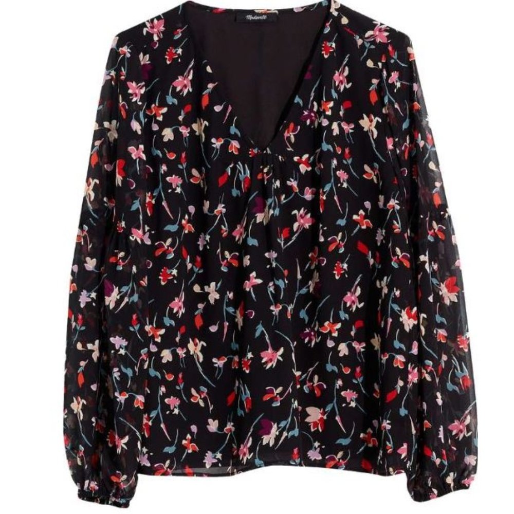 Madewell Shirred-Sleeve V Neck Top Size Medium